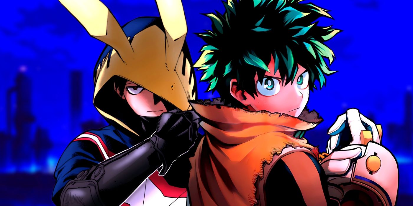 Deku and Koichi standing one in front of the other in their costumes. Behind them, a city at night can be seen.
