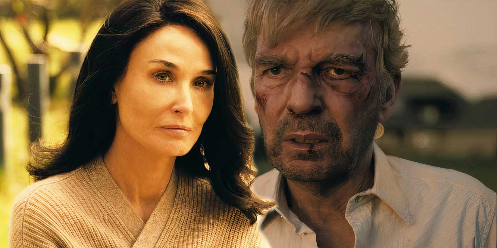 Demi Moore as Cami looking serious next to Billy Bob Thornton as Tommy with his face injured in Landman