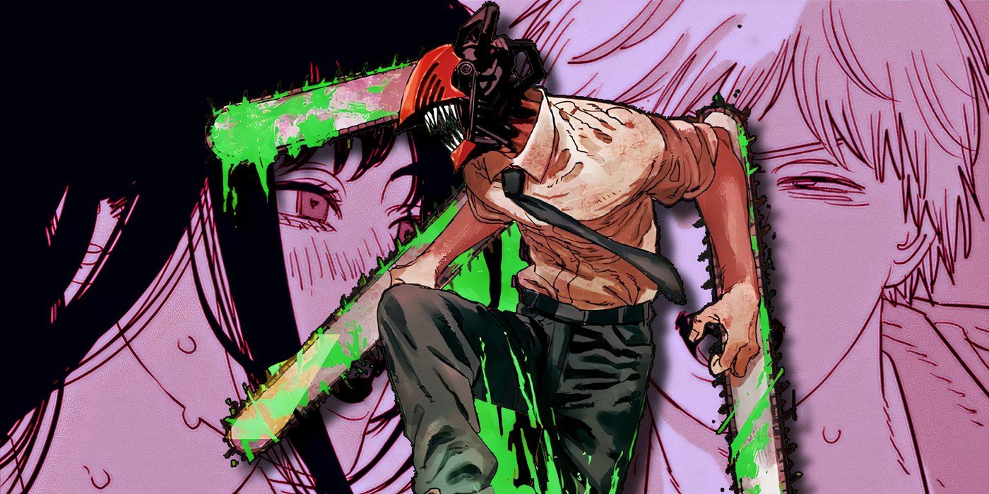 Denji in his Chainsaw Man form in front of a background featuring Asa and Denji.