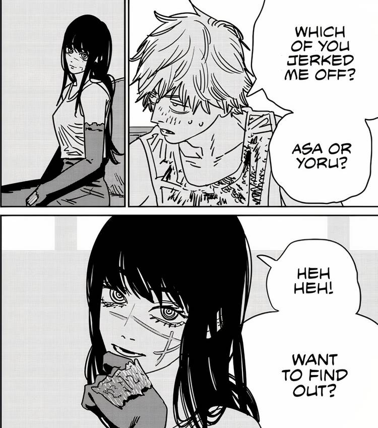 Denji asking Yoru which of she or Asa 'jerked him off' in Chainsaw Man #191.