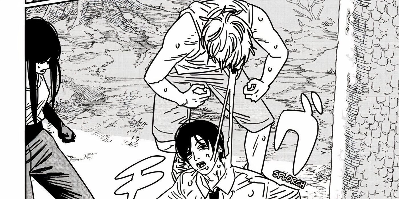 Denji vomitando Yoshida no capítulo 188 do Chainsaw Man.