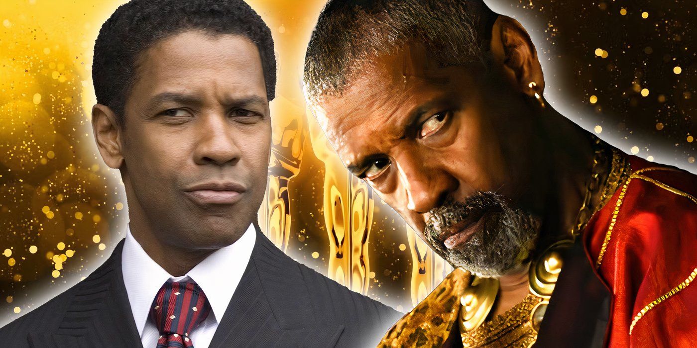 An edited image of Denzel Washington in Gladiator II and American Gangster.