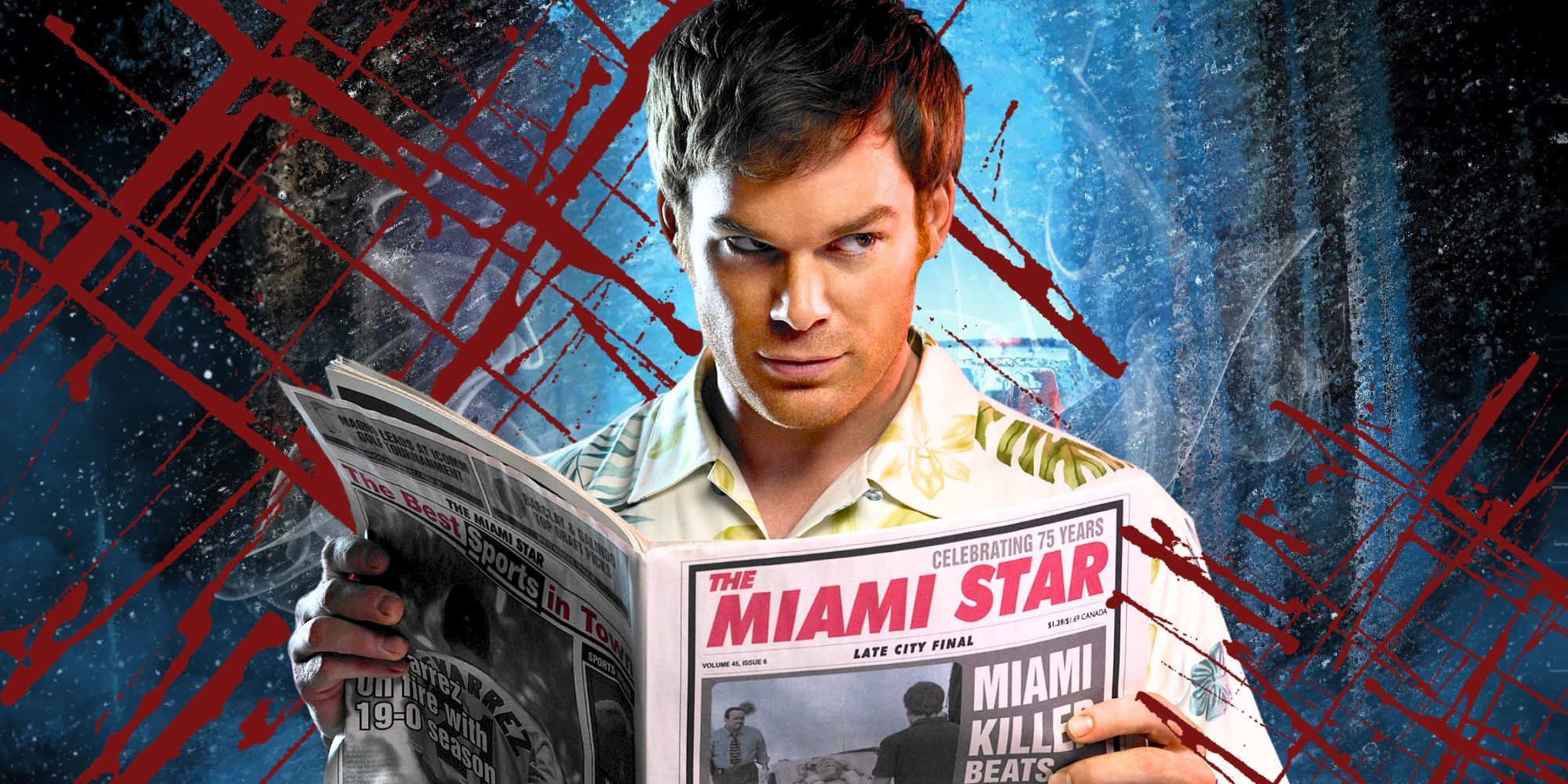 Dexter Morgan reading a newspaper in Dexter with New Blood&rsquo;s snowy poster in the background