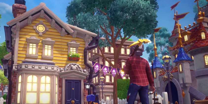 An avatar from Disney Dreamlight Valley with a pickaxe looking at their home in the game.