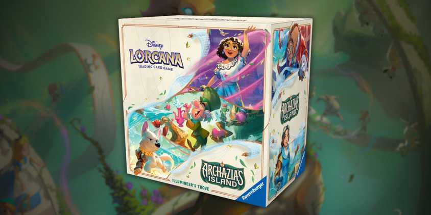 Disney Lorcana Archazias Island Illumineers Trove showing off Maribel, the Mad Hatter, and Bolt on the cover.