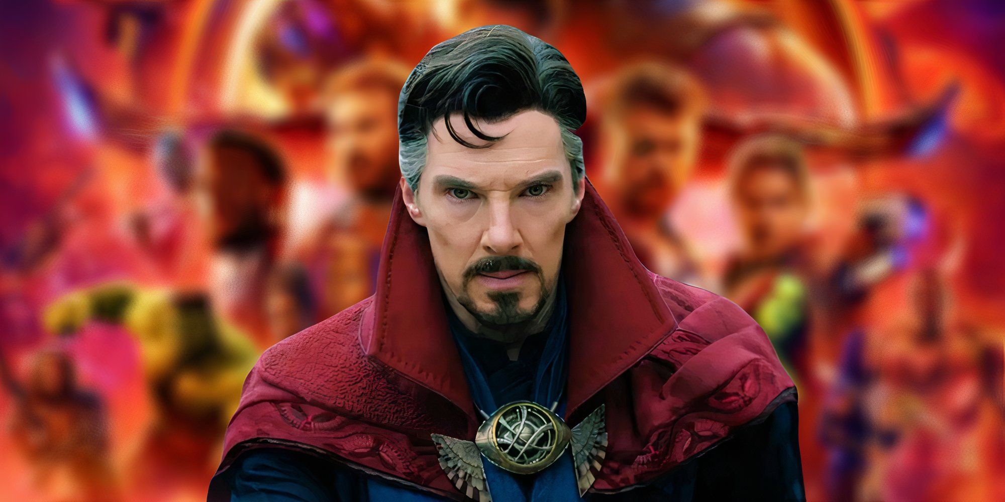 Benedict Cumberbatch as Doctor Strange above a blurred poster for Avengers: Infinity War (2018)