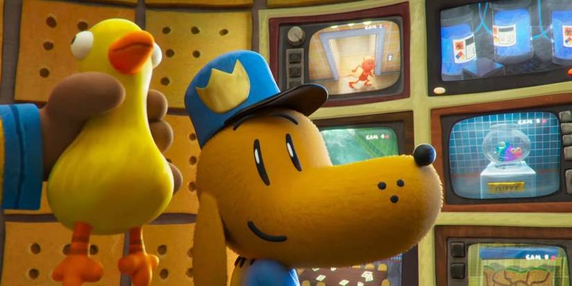 Somebody holds a rubber chicken up to Dog Man in Dog Man