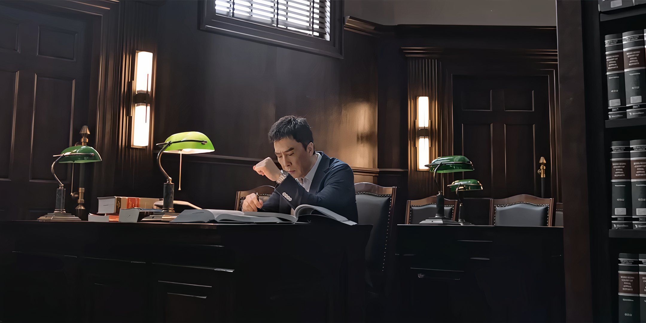 Donnie Yen's Fok studying intensely in a library in The Prosecutor