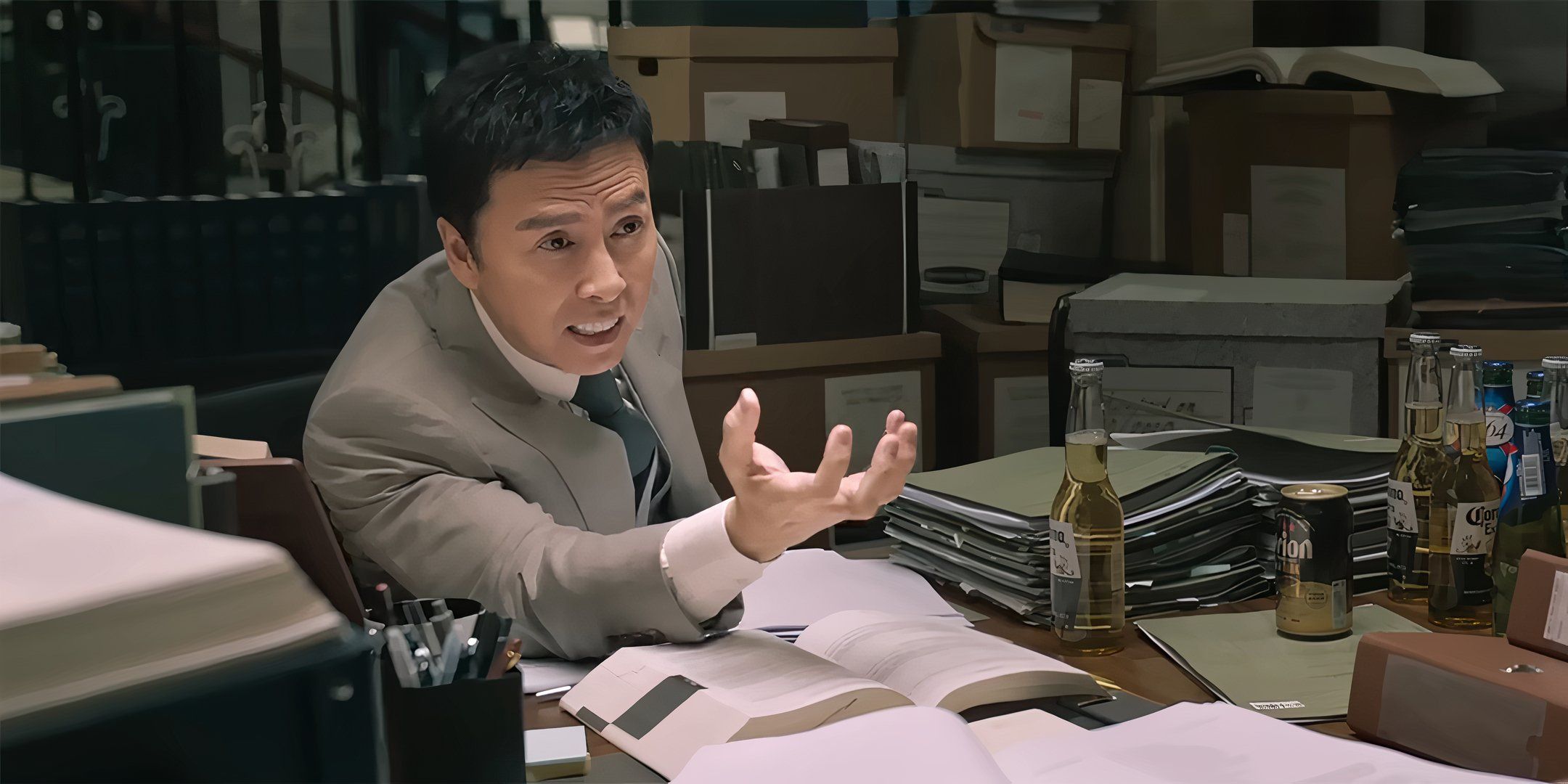 Donnie Yen's Fok talking intensely to someone in The Prosecutor