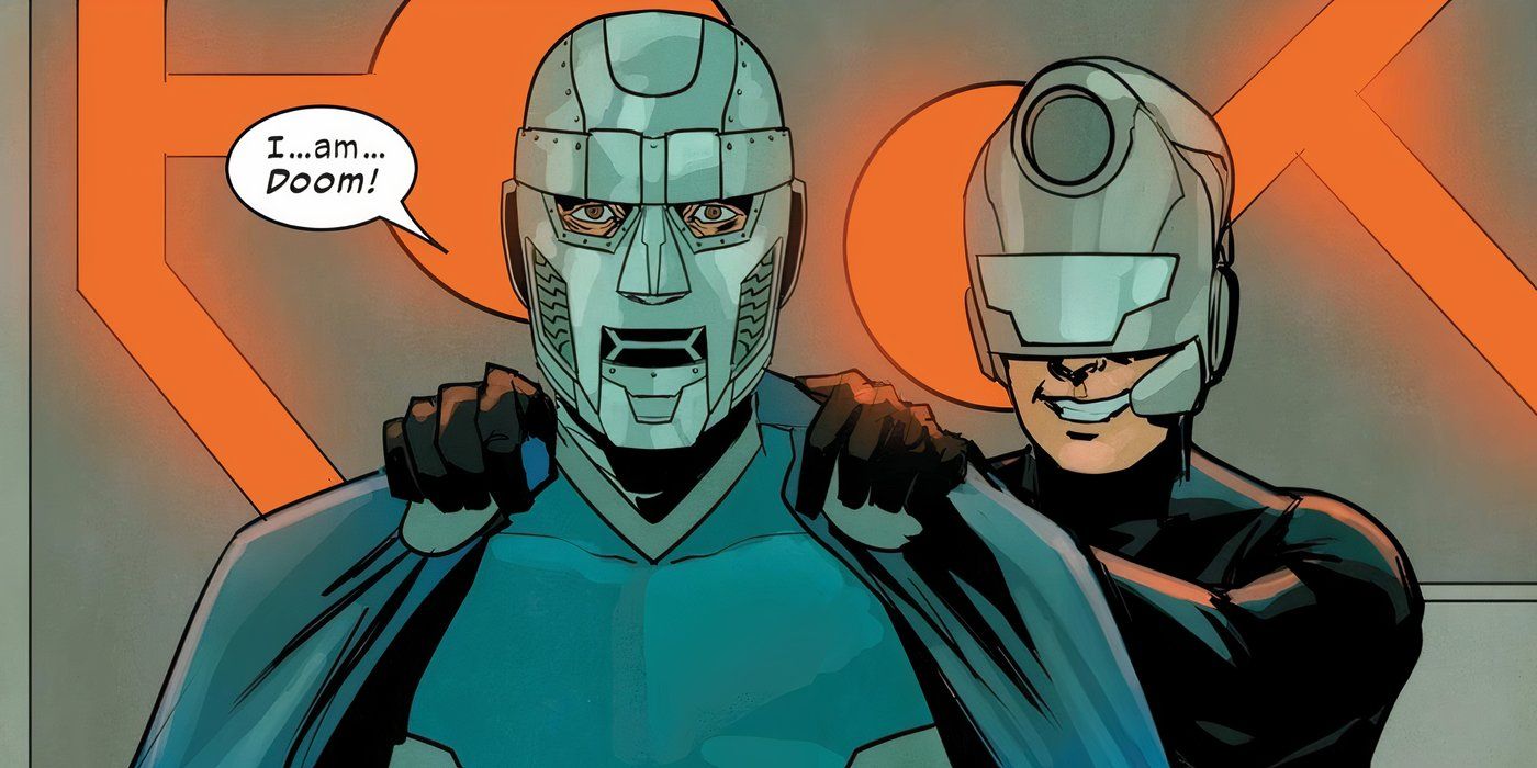 The Maker standing proudly behind Earth-6160's Reed Richards aka Doom.