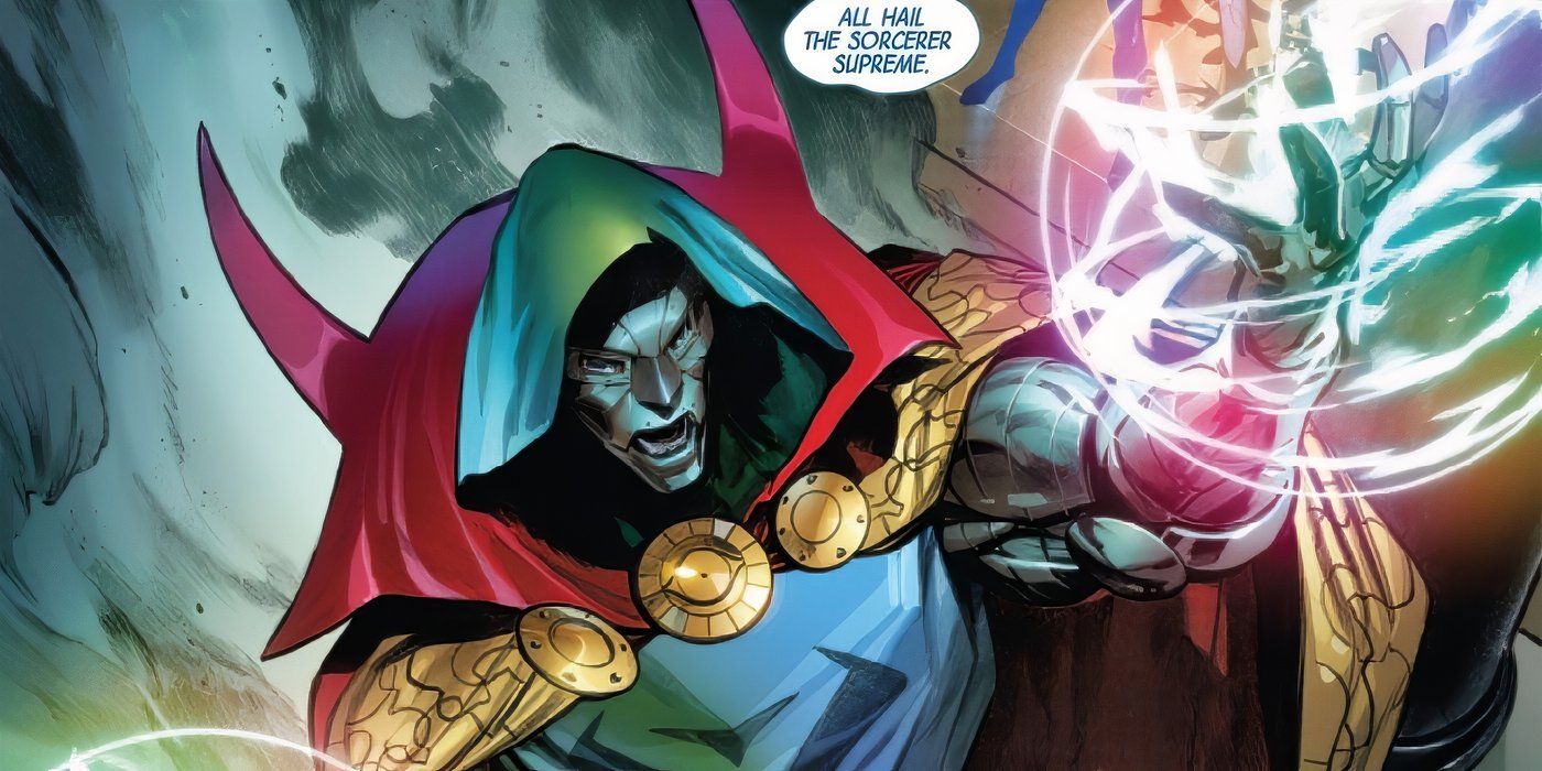 Doctor Doom wearing Doctor Strange's cloak while surging with magical power as Marvel's new Sorcerer Supreme.