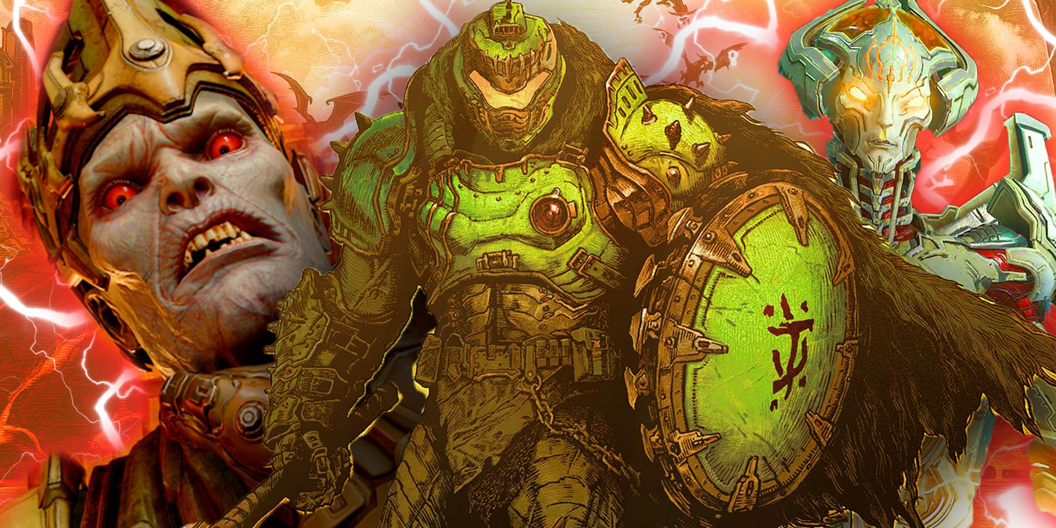 Doom The Dark Ages Slayer next to the Khan Makyr and a Hell Priest