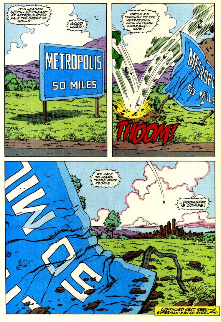 Comic book page: Doomsday Moves At Half The Speed Of Sound