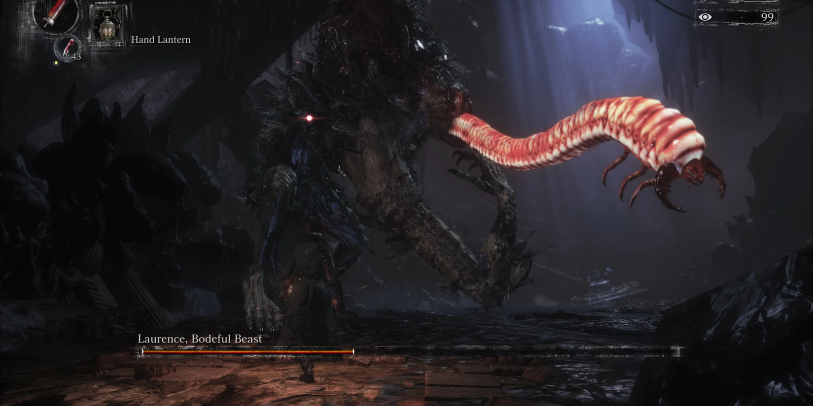 Laurence Bloodborne boss with a worm coming out of him.