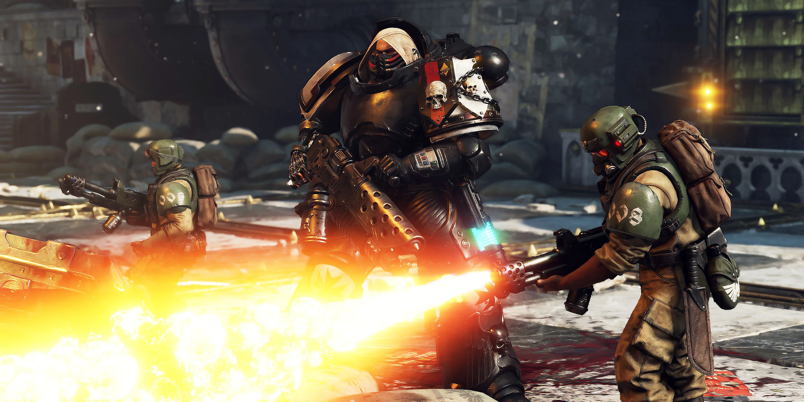 Space Marine 2 player next to two flame throwing Cadian NPCs.