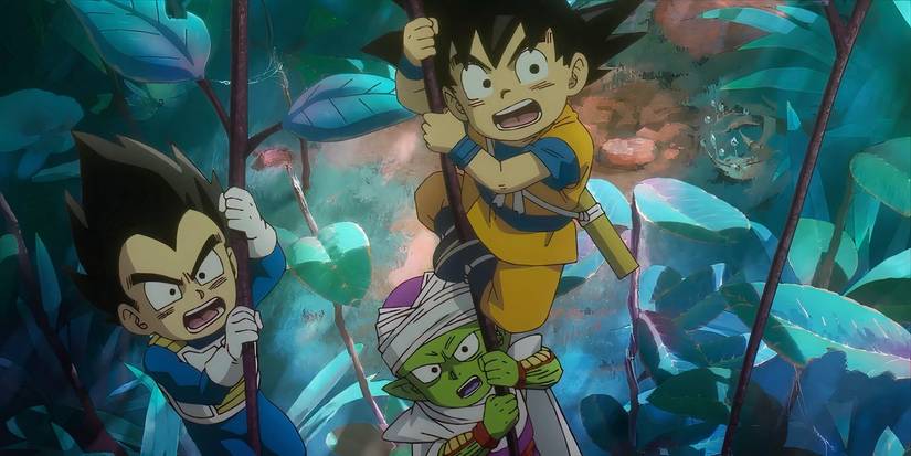 Goku, Vegeta, and Piccolo cling to vines in Daima Episode #13.