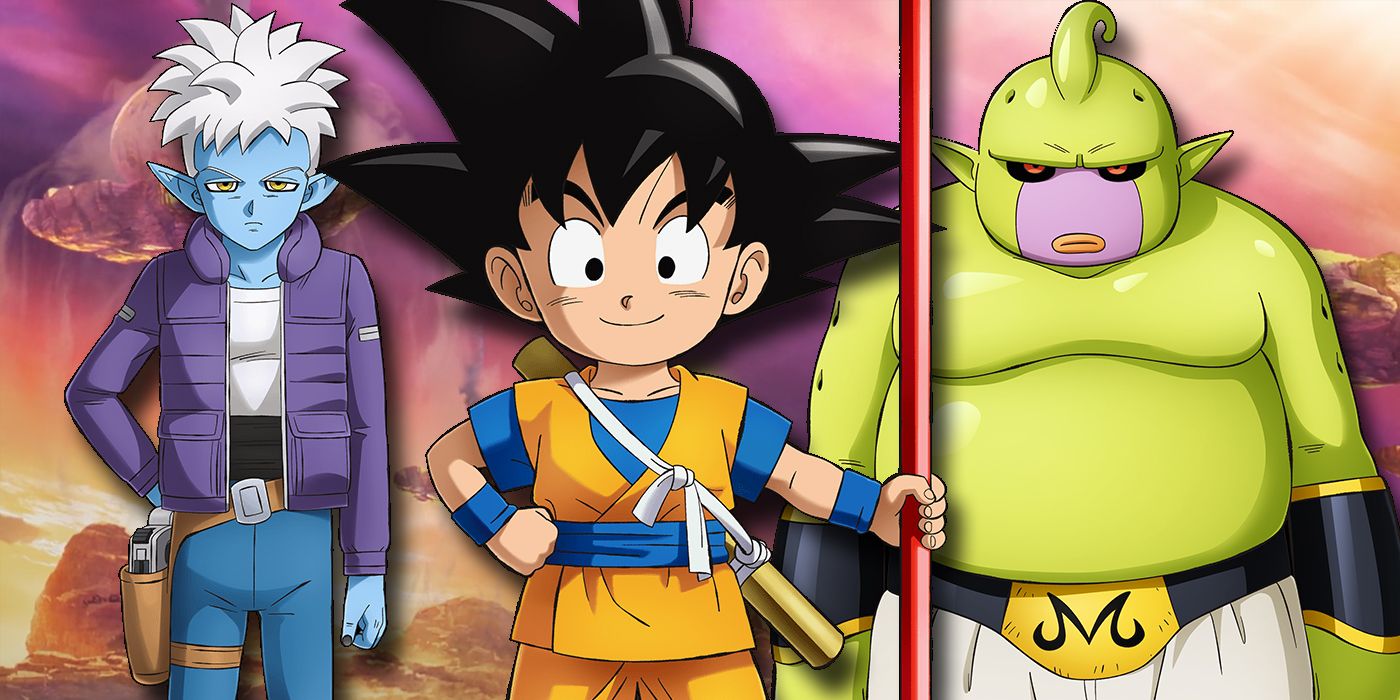 Glorio, Goku, and Majin Duu standing in front of the Third Demon World.