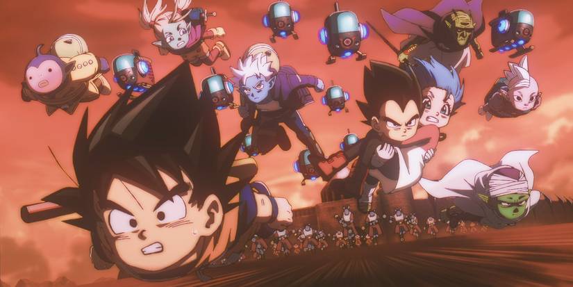 Goku and friends fly away from attacking Gendarmerie troops.