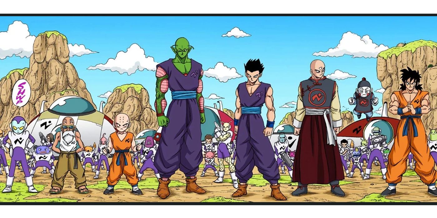 Jaco, Roshi, Krillin, Piccolo, Gohan, Tien, Chiaotzu, and Yamcha step up to protect Earth in Goku's absence.