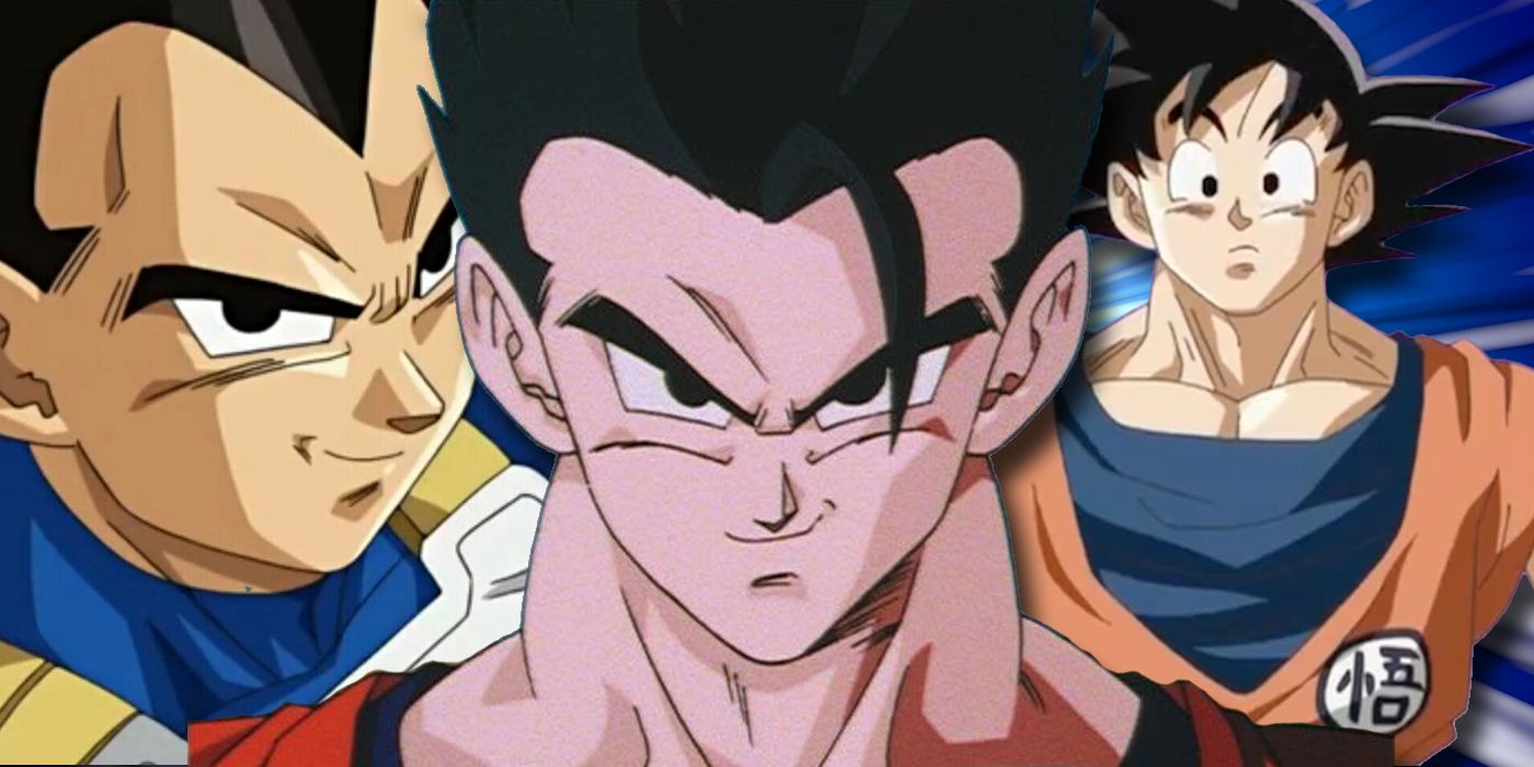 Gohan with his iconic smirk in front of a smirking Vegeta and a confused Goku.