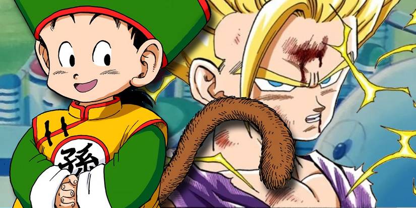 A young and innocent Gohan alongside his beaten and bloodied future self.