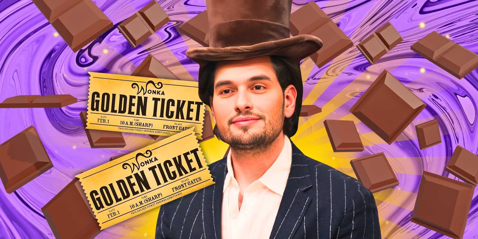 Dubai Bling Ebraheem Al Samadi with top hat on and golden ticket background