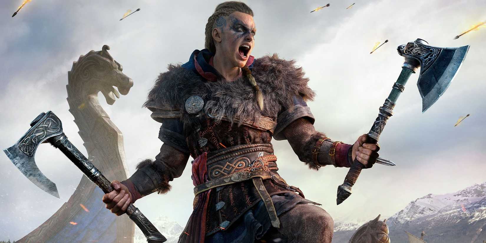 Eivor roaring and wielding two battle axes as flaming arrows rain from the sky in Assassin's Creed Valhalla.