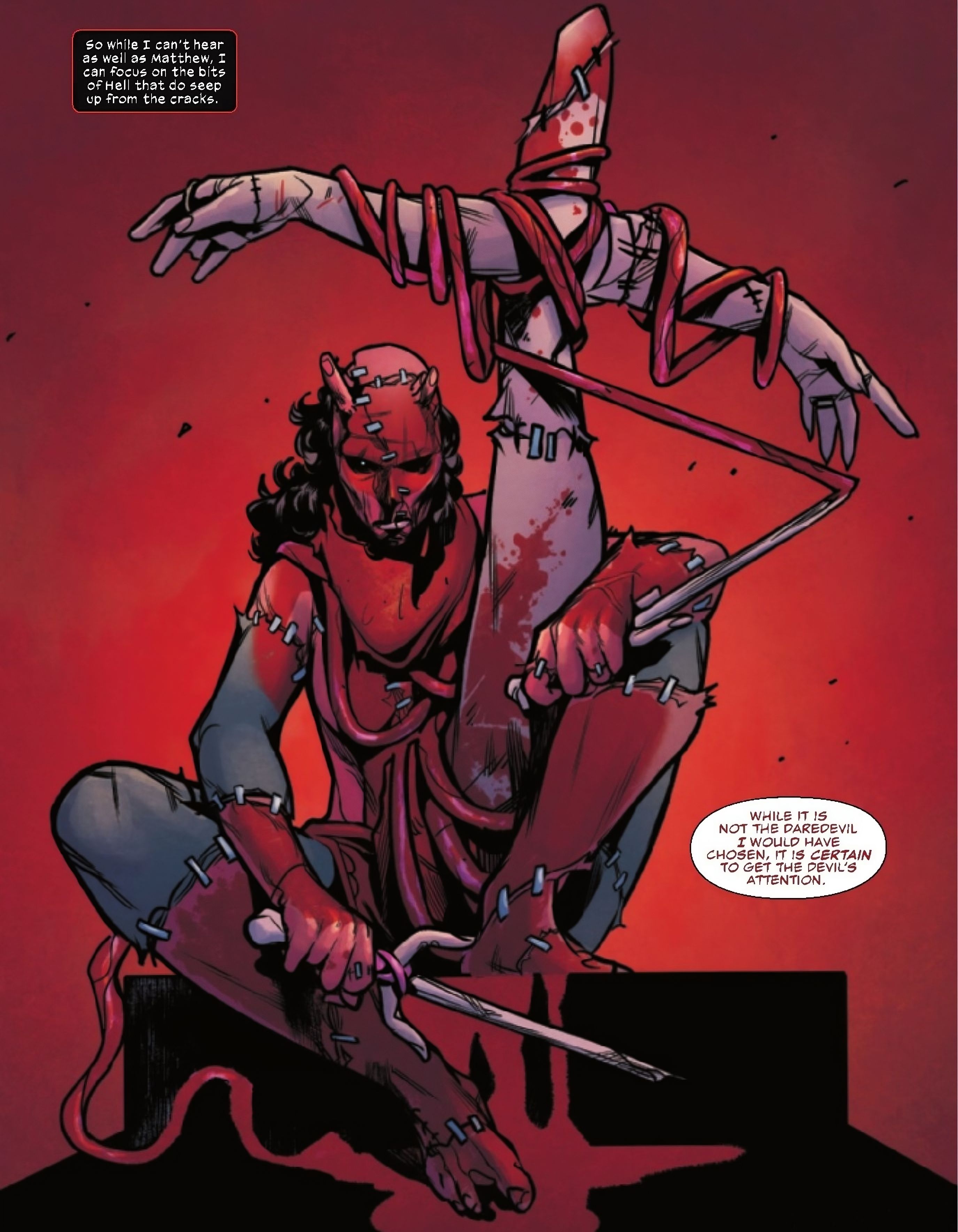 Comic panel: A statue of Elektra, hanging from a cross, made from severed limbs.