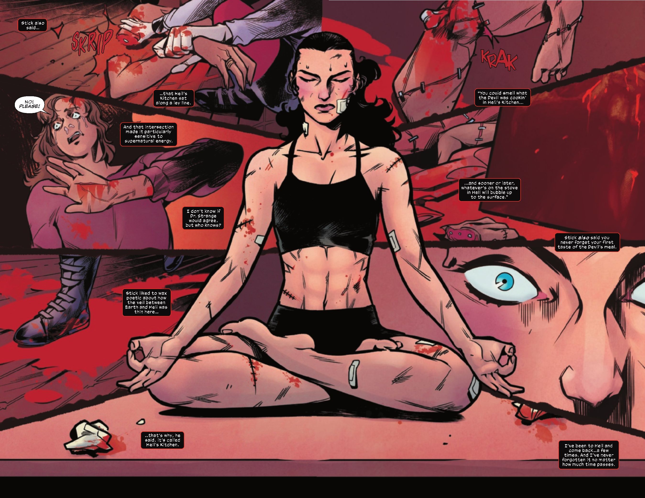 Comic Panels: Elektra meditates on her time in Hell.