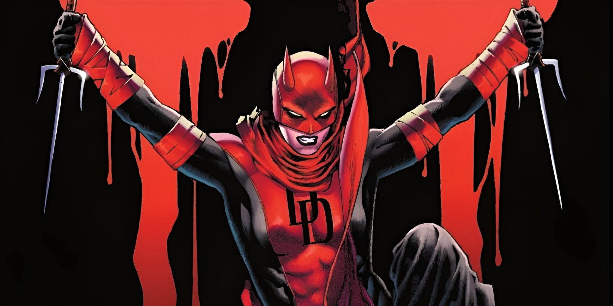 Comic book art: Elektra attacks while blood drips down behind her.