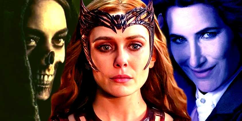 Elizabeth Olsen's Wanda Maximoff wears her Scarlet Witch crown with Aubrey Plaza's Rio Vidal and Kathryn Hahn's Agatha Harkness smiling beside her