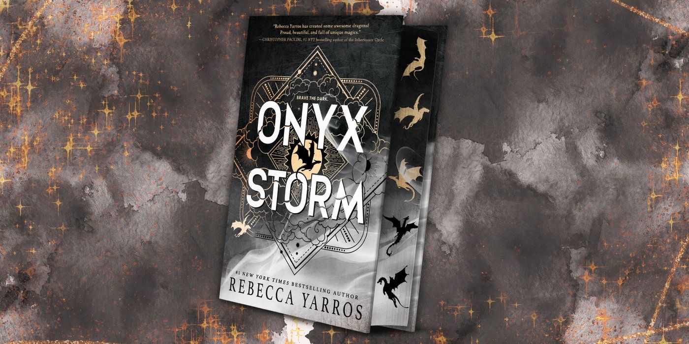 Onyx Storm book cover on dark cloudy background