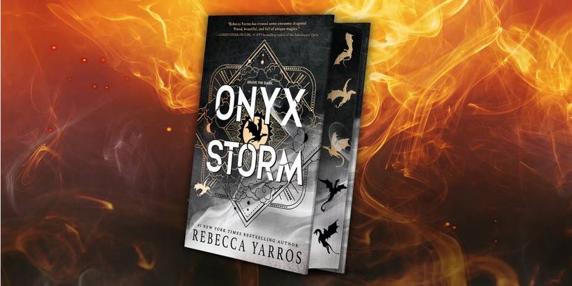 Onyx Storm by Rebecca Yarros with a golden, swirling background.