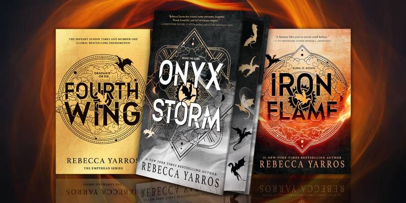 Fourth Wing, Iron Flame, and Onyx Storm book covers