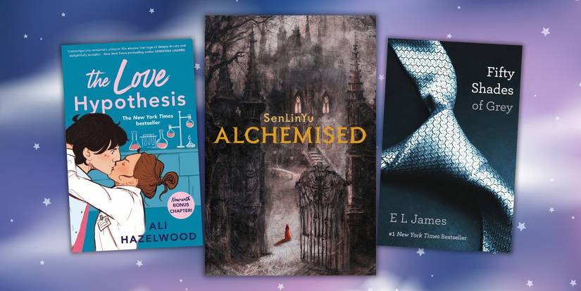Alchemized, The Love Hypothesis, and Fifty Shades of Grey book covers