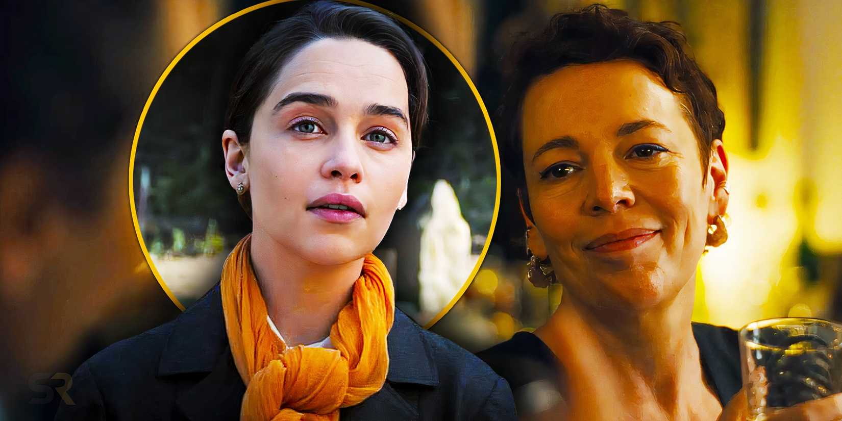 Custom image of Emilia Clarke looking ahead and Olivia Colman smiling