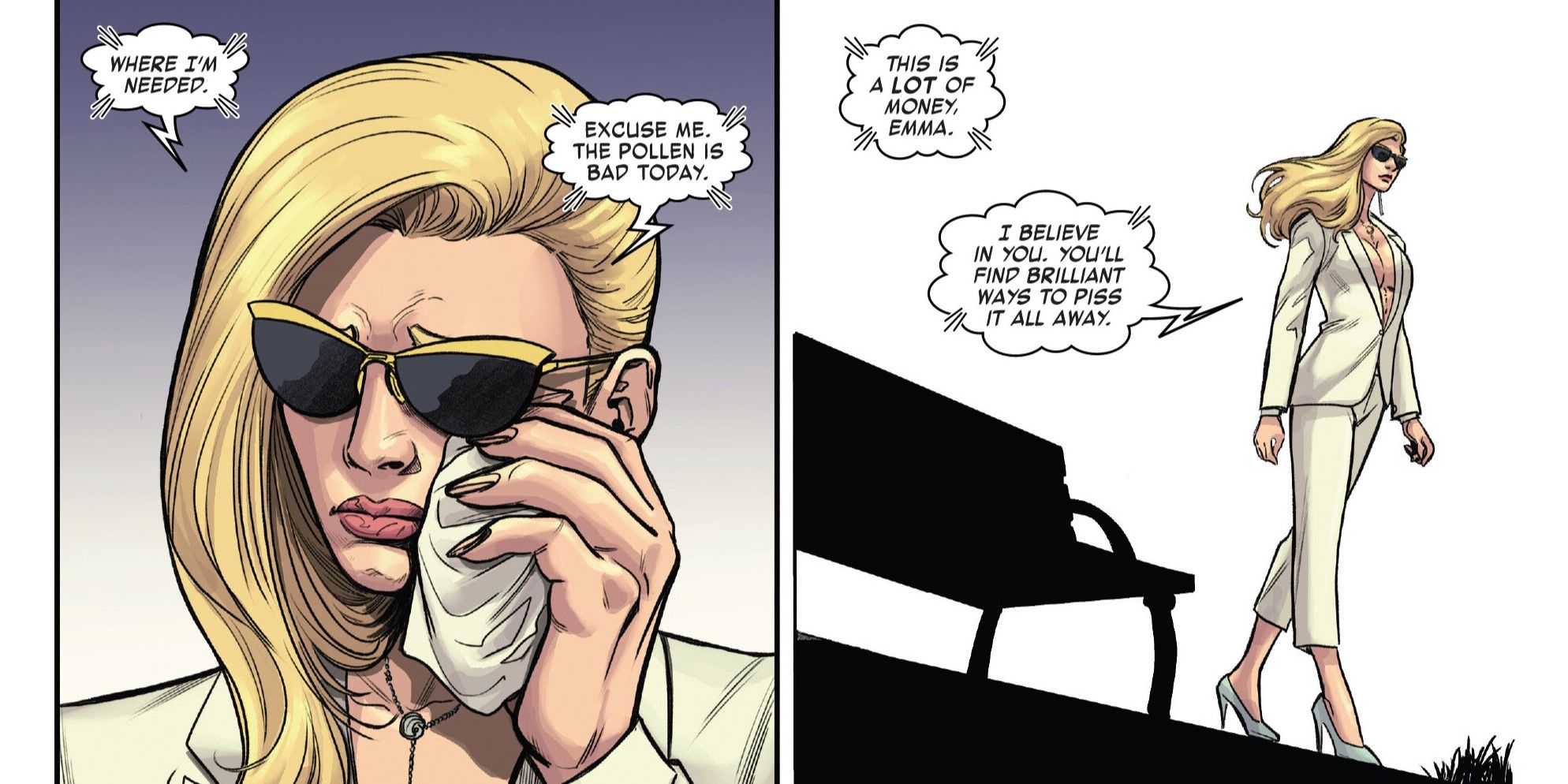 Emma Frost sambil menangis meninggalkan Tony Stark untuk terakhir kalinya.