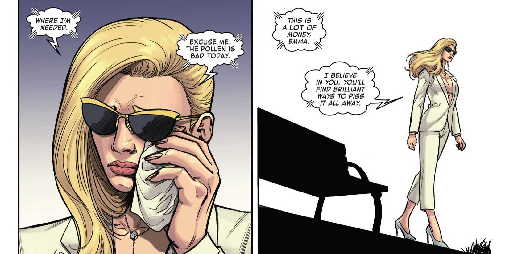 Emma Frost tearfully leaves Tony Stark one final time.