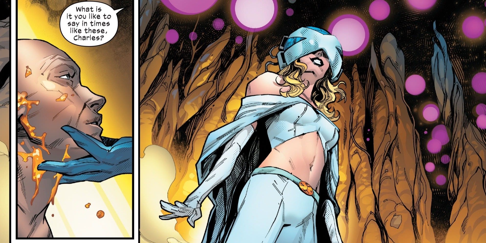 Emma Frost memakai Cerebro saat membangkitkan Charles Xavier