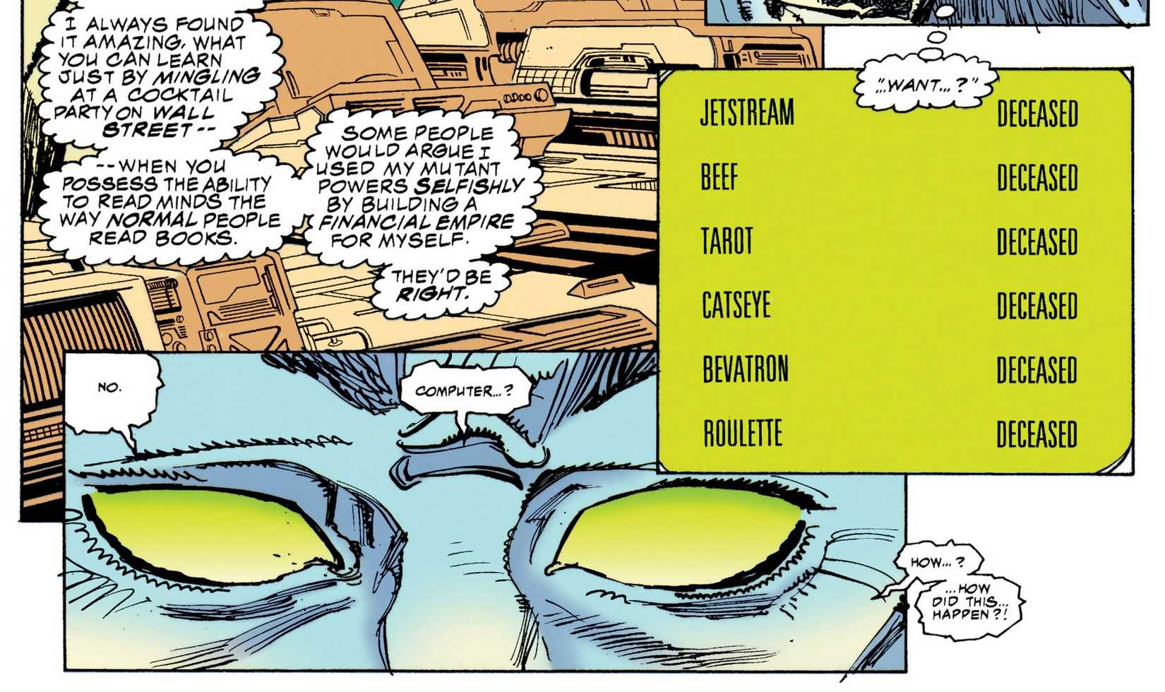 Emma, in Iceman's body, learns that all of the Hellions are dead.