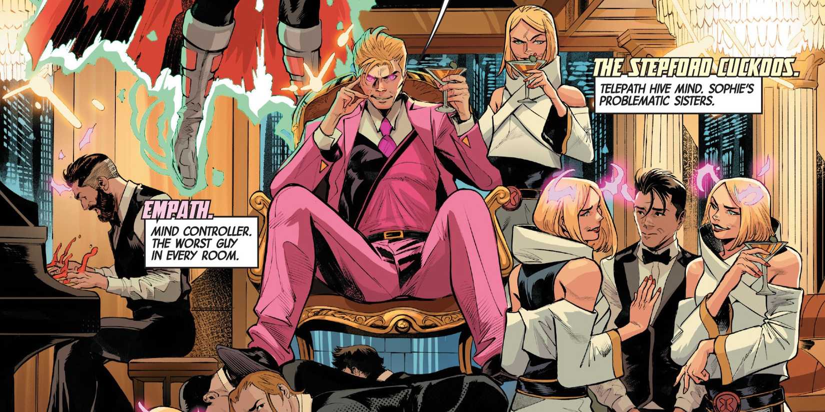Empath sits on his throne, surrounded by the Stepford Cuckoos and the Krakoan.