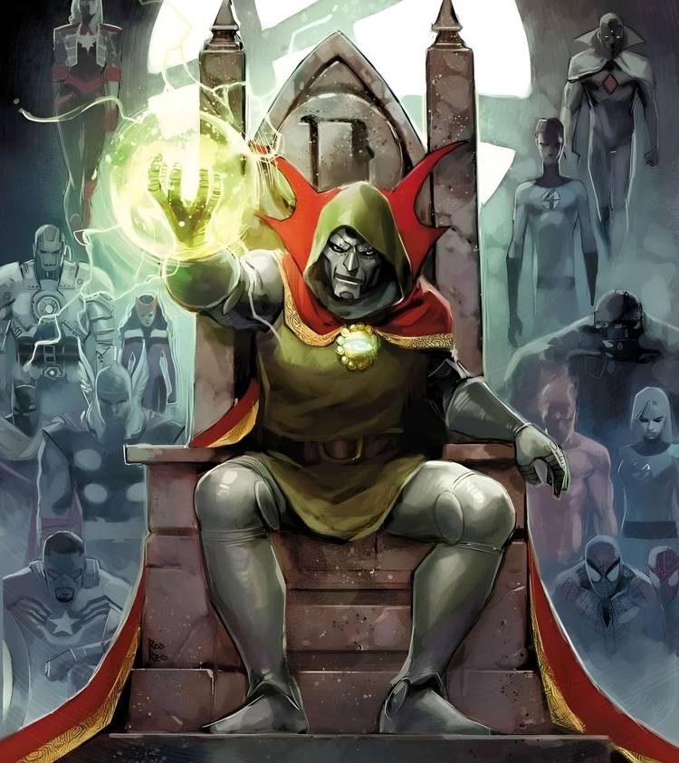 Doctor Doom sits on a throne surrounded by Avengers