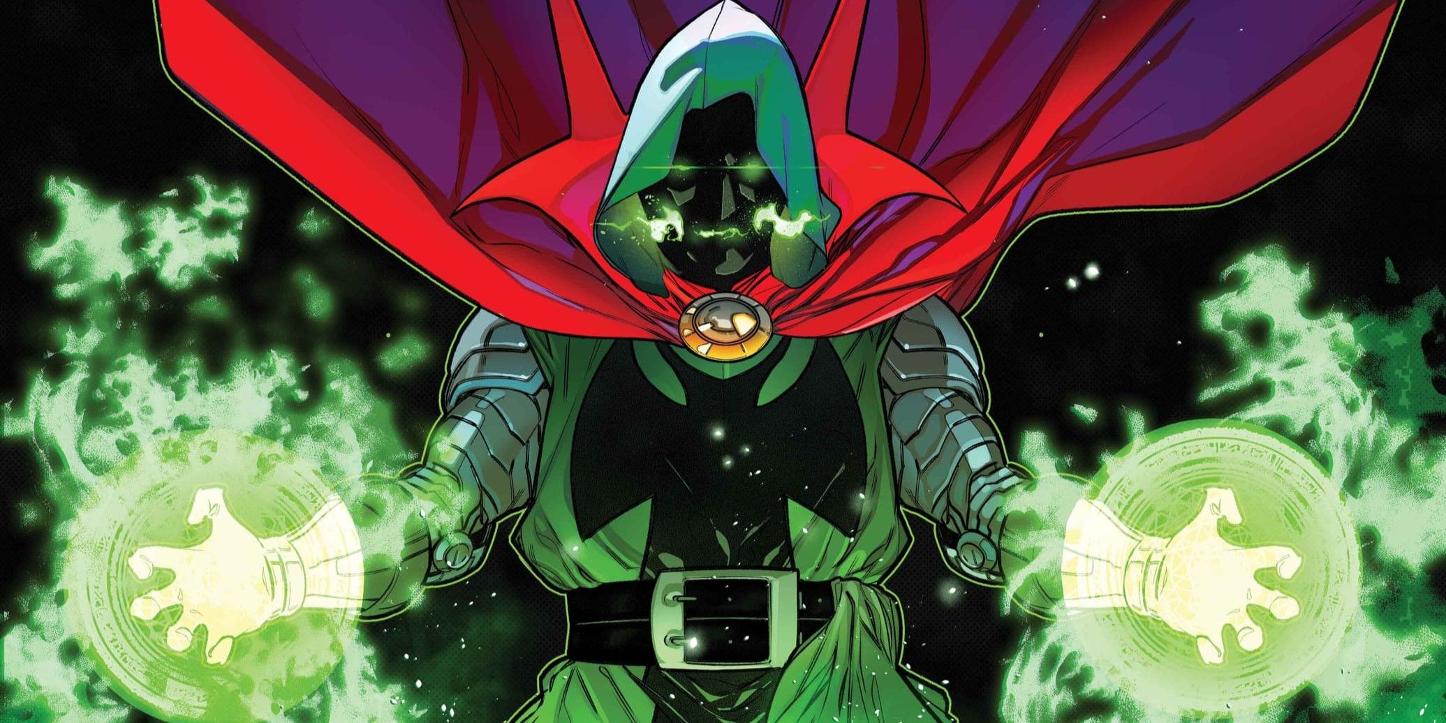 Emperor Supreme Doctor Doom is surrounded by flames of magic.