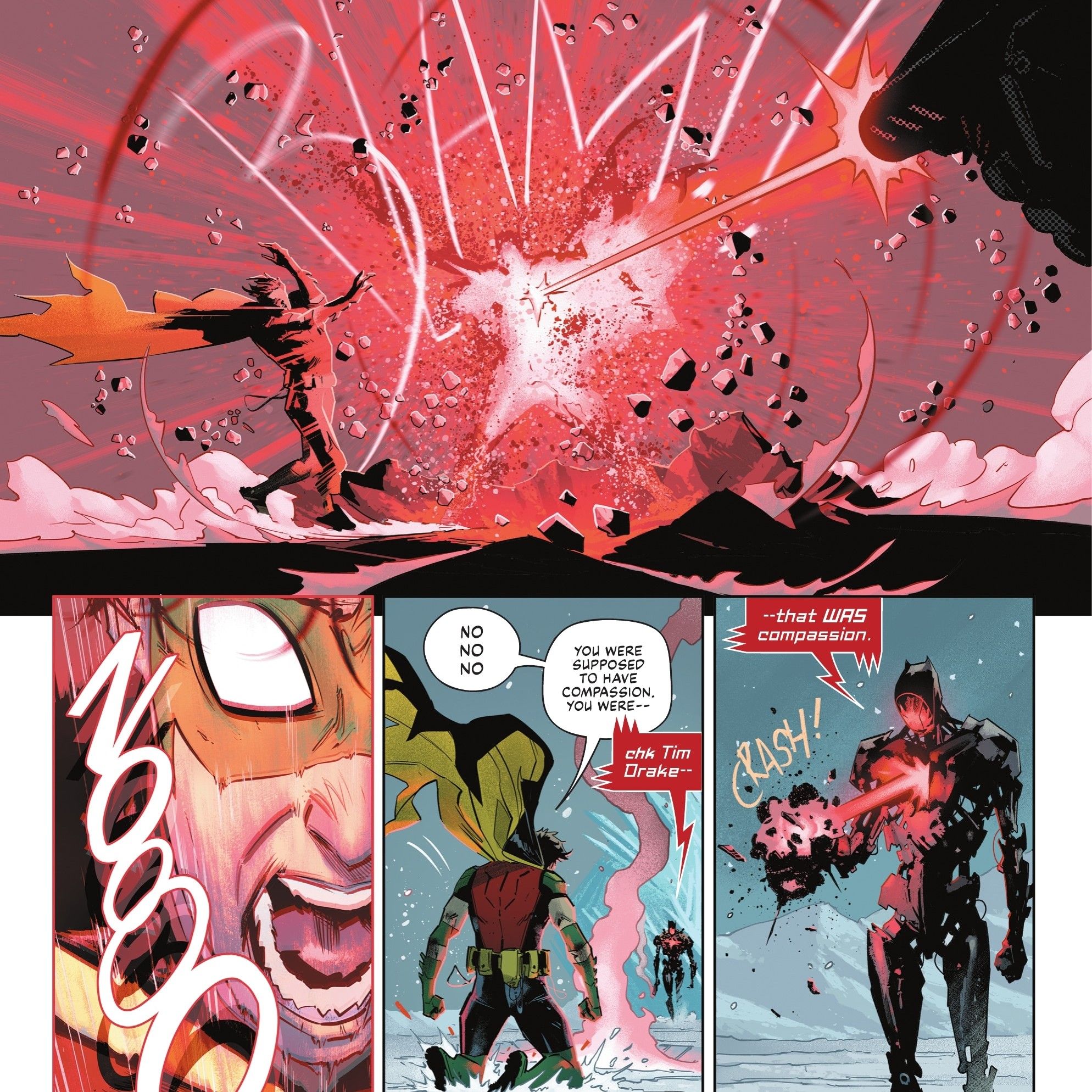 Comic Panels: Failsafe defeats Batman in the snow as Robin Tim Drake screams.