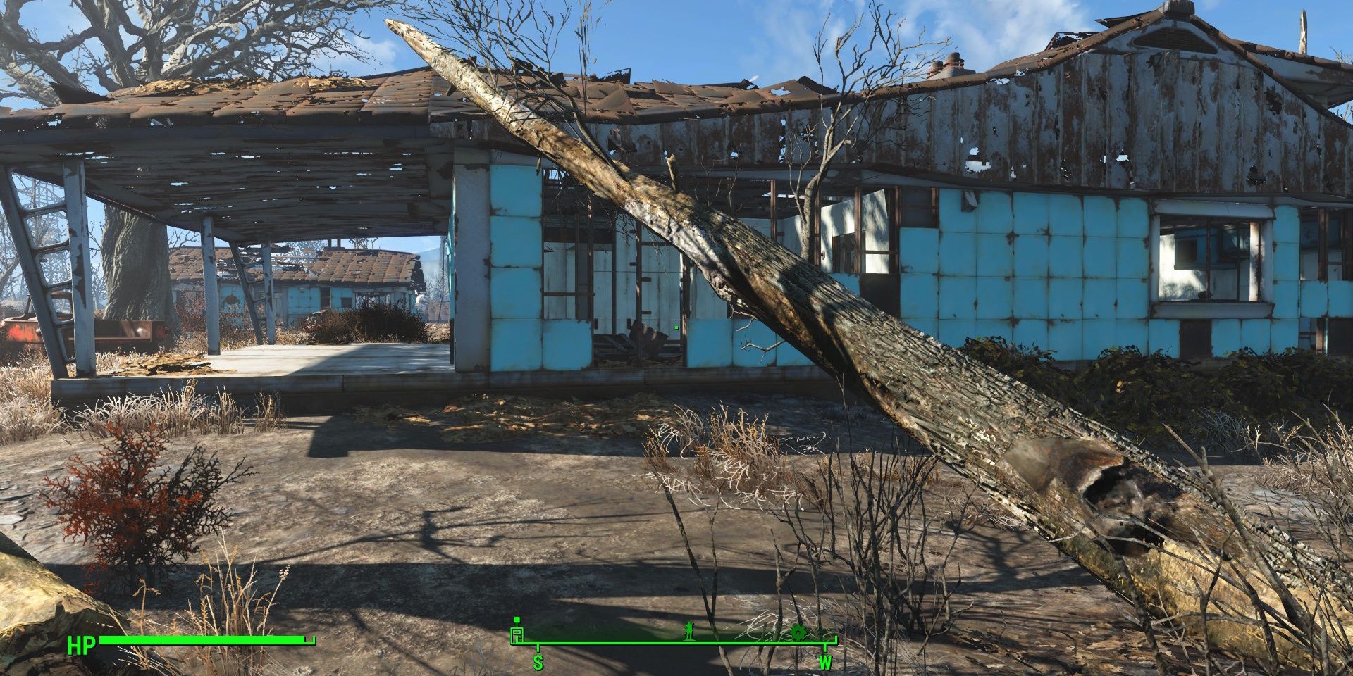 Fallen trees shows the route onto the roof in Fallout 4.