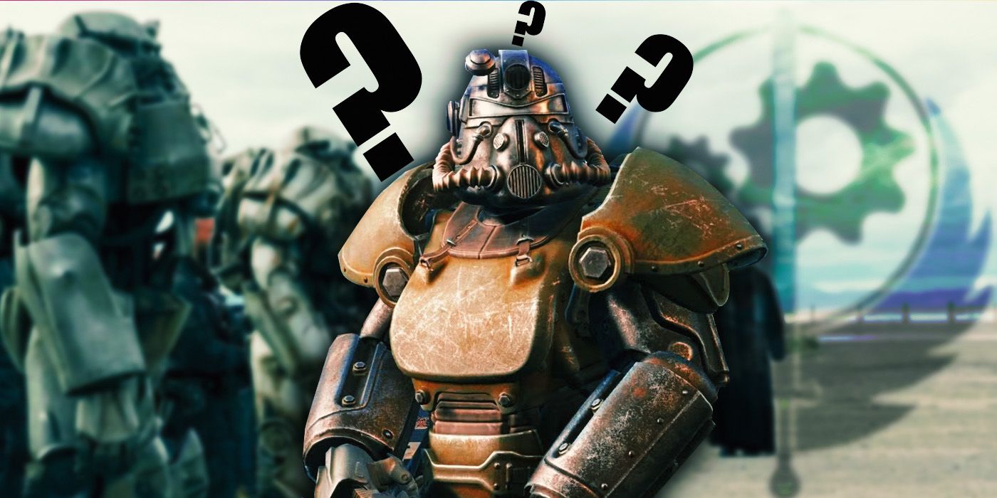 A Fallout Brotherhood of Steel member in power armor surrounded by question marks.