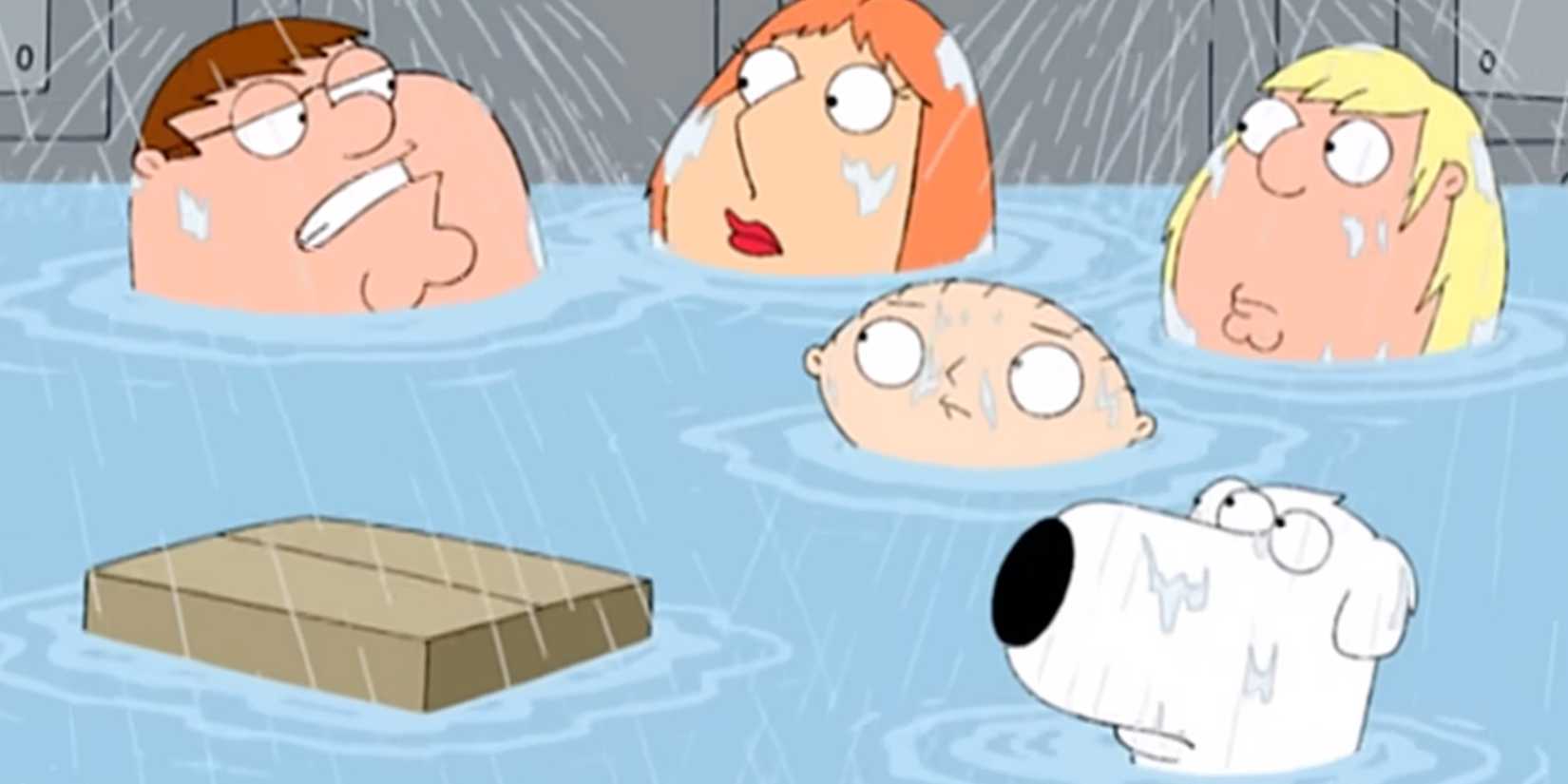 Family Guy season 4 Godfather Peter, Stewey, Lois, Chris, and Brian in flooded water 