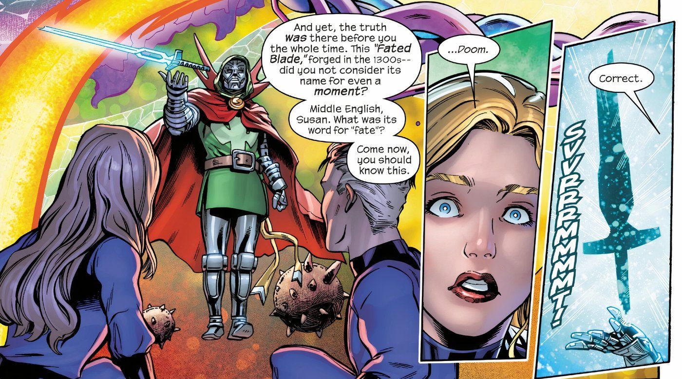 Fantastic Four 28 Doctor Doom reveals that the sword Reed Richards and Sue Storm found is Doomblade