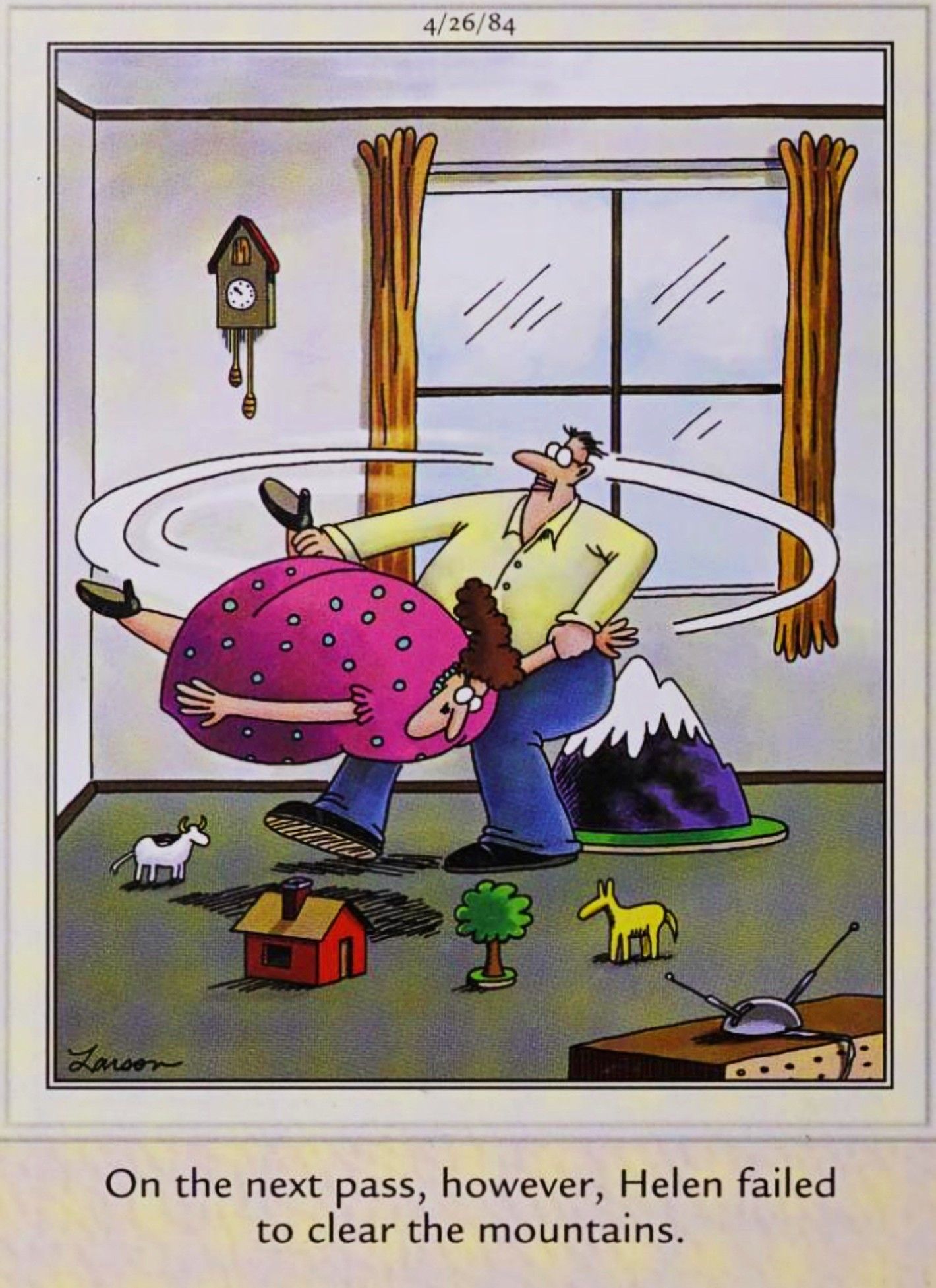 Far Side, April 26, 1984, a man swings his wife around the room by her arms and legs