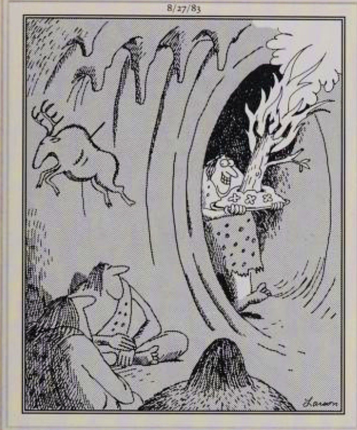 Far Side, August 27, 1983, a cavewoman brings a flaming log into the cave